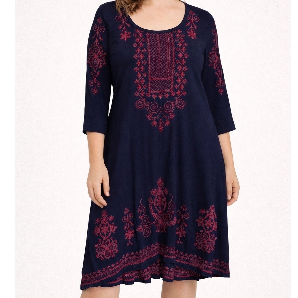 JW Los Angeles Johnny Was Navy Pink Embroidered Boho Knit‎ Dress Small d1